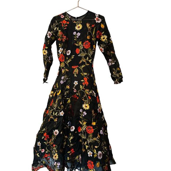 OSCAR DE LA RENTA Black Floral Hand Embroidered Tulle Beaded Midi Dress Size 6 - Picture 6 of 13